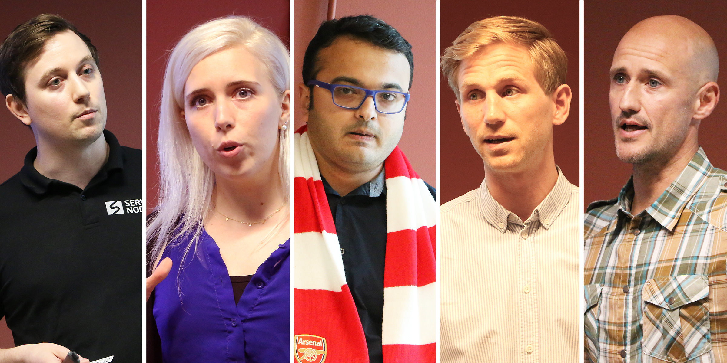 Fem startupbolag pitchade sina affärsidéer när Nordea bjöd in till matchning med investerare. Deltog gjorde, från vänster, Johannes Nylund, Service Node, Moa Hermansson, Loogup, Dinesh Damodaran, Zlingit, Tommy Eriksson, Handla, och Mikael Östberg, Memotus.